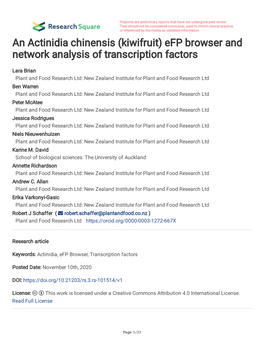 An Actinidia Chinensis (Kiwifruit) Efp Browser and Network Analysis of Transcription Factors