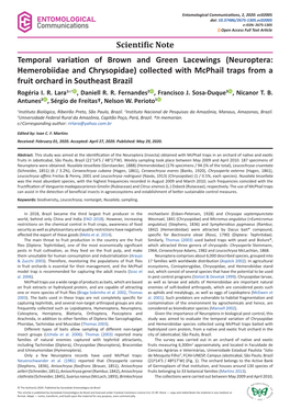 Neuroptera: Hemerobiidae and Chrysopidae) Collected with Mcphail Traps from a Fruit Orchard in Southeast Brazil Rogéria I