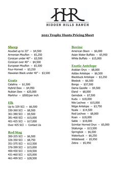 !!!!!Hidden Hills Ranch 2021 Pricing Sheet