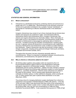 CHLORAMINATION QUESTIONS and ANSWERS Last Updated 5/20/2004