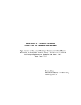 Gender, Race, and Multiculturalism in Canada Paper Prepared for the Annual Meeting Of