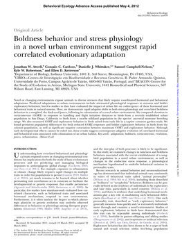 Boldness Behavior and Stress Physiology in a Novel Urban Environment Suggest Rapid Correlated Evolutionary Adaptation Downloaded from Jonathan W