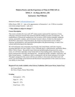 LTMO 145-A) MWF, 9 – 11:30Am, HUM 2, 250 Instructor: Tim Willcutts