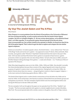 Oy Vey! the Jewish Golem and the X-Files – Artifacts Journal - University of Missouri Page 1 of 6