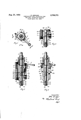 Aug- 21, L956 O. Grlgar COMBINATION FUEL INJECTION PUMP 2,759,771 and FUEL INJECTION Nozzles Filed April 5O, 1954