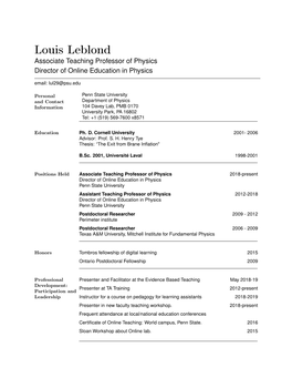 Louis Leblond Associate Teaching Professor of Physics Director of Online Education in Physics Email: Lul29@Psu.Edu