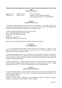 Disciplinare Di Produzione Della Indicazione Geografica Tipica Dei Vini “Costa Toscana”