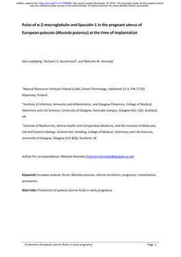 Pulse of Α-2-Macroglobulin and Lipocalin-1 in the Pregnant Uterus of European Polecats (Mustela Putorius) at the Time of Implantation