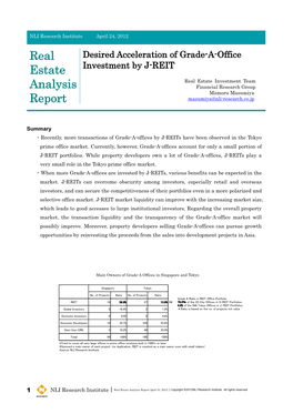 Desired Acceleration of Grade-A-Office Investment by J-REIT