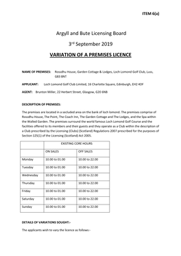 Argyll and Bute Licensing Board 3Rd September 2019 VARIATION of a PREMISES LICENCE