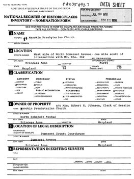 Data Sheet United States Department of the Interior National Park Service National Register of Historic Places Inventory - Nomination Form