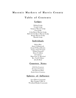 Masonic Markers of Harris County Table of Contents