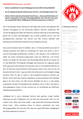 MEDIENMITTEILUNG Vom 11. Juni 2017 • Kickers Verpflichten Torwart Wolfgang Hesl Vom DSC Arminia Bielefeld • Der 31-Jährige