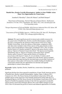 Bumble Bees, Bombus Latreille (Hymenoptera: Apidae), in State Wildlife Action Plans: New Opportunities for Conservation