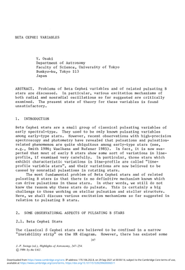 BETA CEPHEI VARIABLES Y. Osaki Department of Astronomy Faculty Of