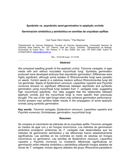 Symbiotic Vs. Asymbiotic Seed Germination in Epiphytic Orchids Germinación Simbiótica Y Asimbiótica En Semillas De Orquídeas