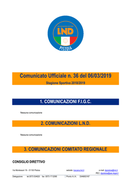 Comunicato Ufficiale N. 36 Del 06/03/2019