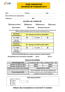 Fiche D'inscription Vacances De TOUSSAINT 2018