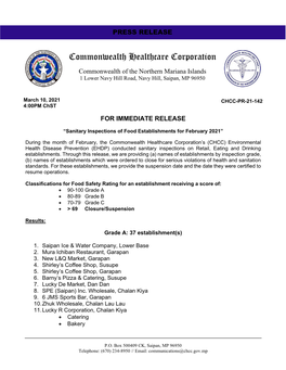 Sanitary Inspections of Food Establishments for February 2021”