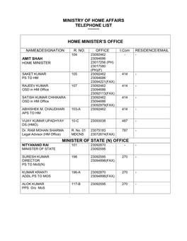 Ministry of Home Affairs Telephone List Home