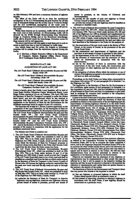 THE LONDON GAZETTE, 25TH FEBRUARY 1994 on 25Th February 1994 and Have a Maximum Duration of Eighteen Access to Premises, in the Vicinity of Chideock and Months