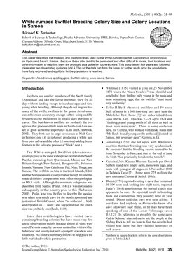 White-Rumped Swiftlet Breeding Colony Size and Colony Locations in Samoa Michael K