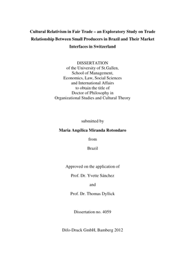 Cultural Relativism in Fair Trade – an Exploratory Study on Trade Relationship Between Small Producers in Brazil and Their Market Interfaces in Switzerland