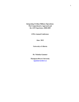 Integrating Civilian-Military Operations: the Comprehensive Approach and the ATF Experience, 2008-2009 CPSA Annual Conference Ju