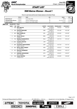 START LIST 1500 Metres Women - Round 1