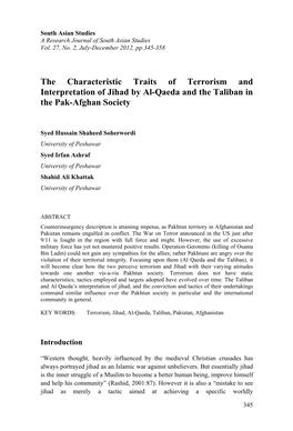 The Characteristic Traits of Terrorism and Interpretation of Jihad by Al-Qaeda and the Taliban in the Pak-Afghan Society