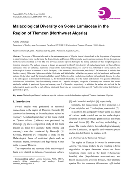 Malacological Diversity on Some Lamiaceae in the Region of Tlemcen (Northwest Algeria)