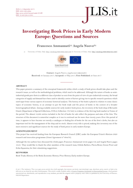 Investigating Book Prices in Early Modern Europe: Questions and Sources