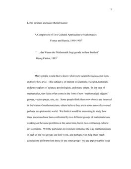 1 Loren Graham and Jean-Michel Kantor a Comparison of Two Cultural Approaches to Mathematics: France and Russia, 1890-19301 “