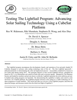 Advancing Solar Sailing Technology Using a Cubesat Platform Rex W