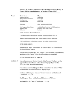 Minutes: of the Town of Coalhurst 2007/2008 Organizational Meeting of Council Held in Council Chambers on Tuesday, October