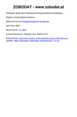 Taxonomic Revision of the Australian Genus Sternopriscus SHARP, 1882 (Coleoptera: Dytiscidae: Hydroporinae)