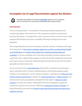 Incomplete List of Legal Discrimination Against Sex Workers