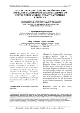 Diamantina E O Estigma Do Sertão: O Olhar Das Elites Diamantinenses Sobre a Cidade E O Sertão Norte Mineiro Durante a Primeira República