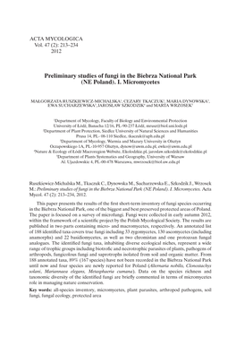 Preliminary Studies of Fungi in the Biebrza National Park (NE Poland)