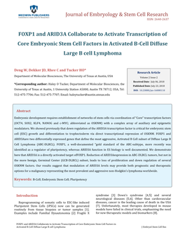 FOXP1 and ARID3A Collaborate to Activate Transcription of Core Embryonic Stem Cell Factors in Activated B-Cell Diffuse Large B Cell Lymphoma