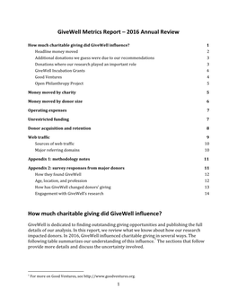 Givewell Metrics Report – 2016 Annual Review How Much Charitable Giving Did Givewell Influence?