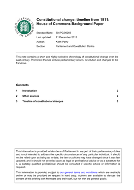 Constitutional Change: Timeline from 1911: House of Commons Background Paper