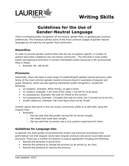 Gender-Neutral Language There Is Emerging Public Recognition of Non-Binary, Gender Fluid, Or Genderqueer Pronoun Preferences