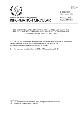 Text of the Agreement Between Iran and the Agency for the Application of Safeguards in Connection with the Treaty on the Non-Proliferatio of Nuclear Weapons