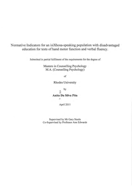 Normative Indicators for an Isixhosa-Speaking Population with Disadvantaged Education for Tests of Hand Motor Function and Verbal Fluency