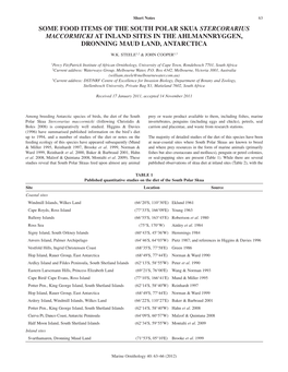 Some Food Items of the South Polar Skua Stercorarius Maccormicki at Inland Sites in the Ahlmannryggen, Dronning Maud Land, Antarctica