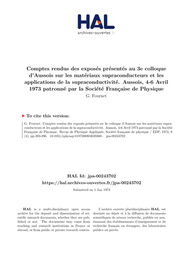 Comptes Rendus Des Exposés Présentés Au 3E Colloque D'aussois