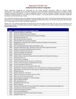 Approved Vendor List Authorized Investment Companies