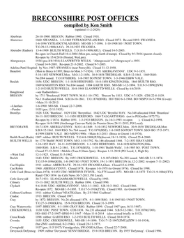 BRECONSHIRE POST OFFICES Compiled by Ken Smith (Updated 11-2-2020)