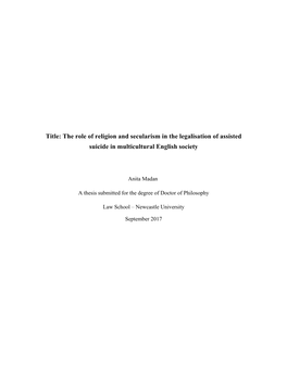 The Role of Religion and Secularism in the Legalisation of Assisted Suicide in Multicultural English Society